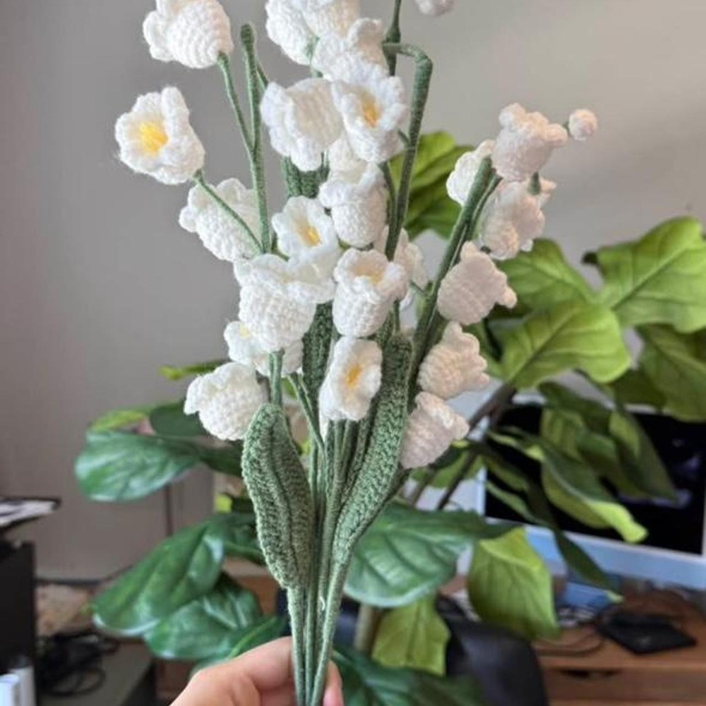 Handmade White Crocheted Lily of the Valley Flower Bouquet Green Stems Decor